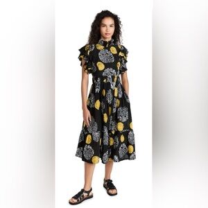Busayo Other Side Of Midnight Ruffle Midi Dress, Black Yellow and White Pattern